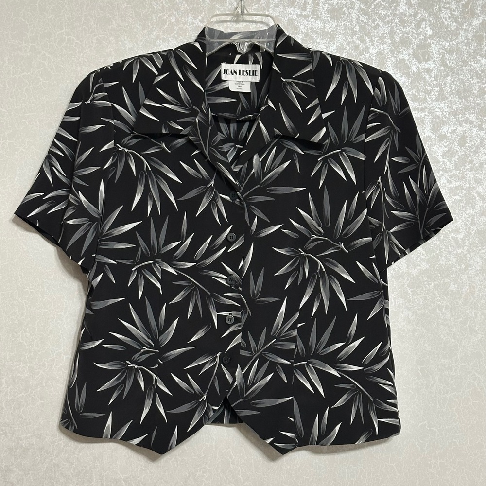 Joan Leslie Bamboo Leaf Print Button Front Blouse Black & White VTG Retro 14P